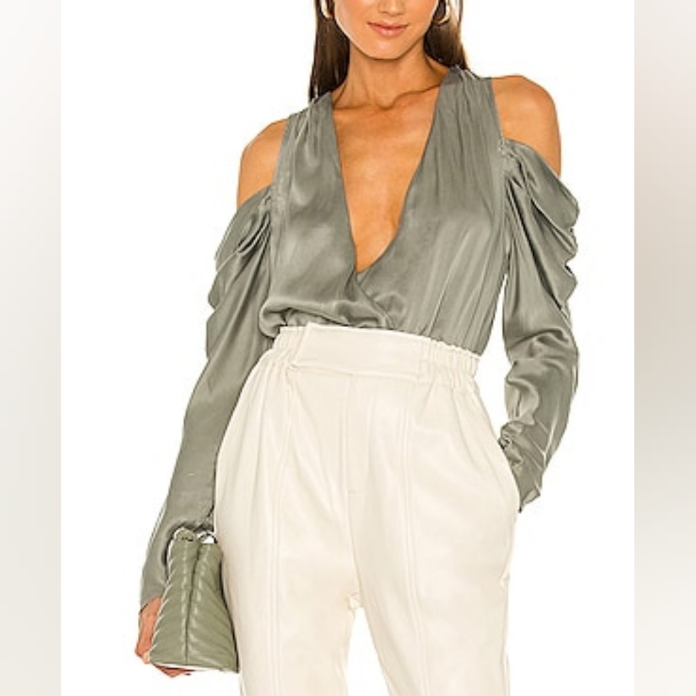 NWT Jonathan Simkhai 100% Silk Gray Cold Shoulder Blouse